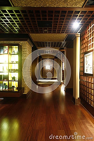 Corridor of a traditional modern Japanese themed spa Editorial Stock Photo