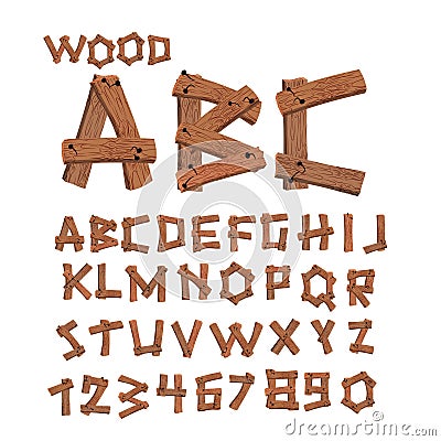 Wood font. Old boards alphabet. Wooden planks with nails alphabet. letter tree strip Vector Illustration