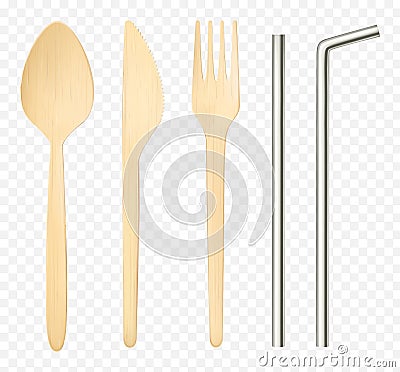 Wood fork, spoon knife and steel straws top view Vector Illustration