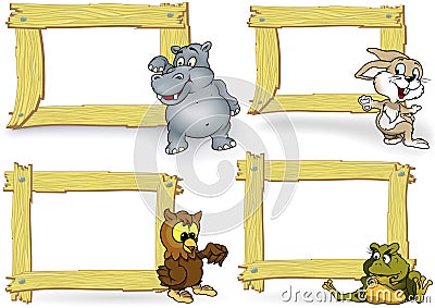 Wood Frame with Cartoon Animal Stock Photo