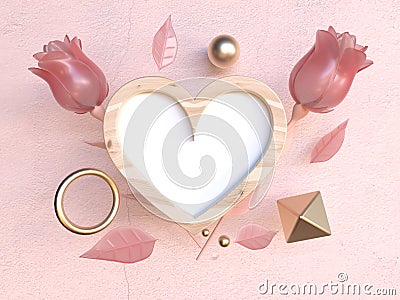 Levitation objects wood frame heart shape 3d rendering pink rose valentine love concept Stock Photo