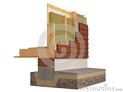 Wood framing house insulation, 3D render, Computer generated image. Stock Photo