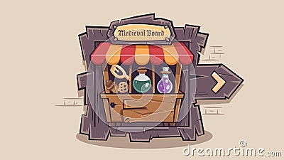 Wood game shop ui interface with button frame. Wooden store box gui item with 2d user navigation arrow cartoon set. Medieval... Vector Illustration