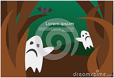 Wood With Ghosts Happy Halloween Banner Scary Holiday Decoration Vector Illustration