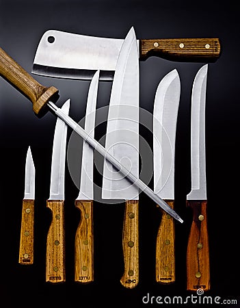 Wood handle chef knives and cutlery Stock Photo