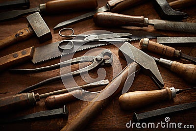 Wood handled vintage hand tools in full frame view Stock Photo