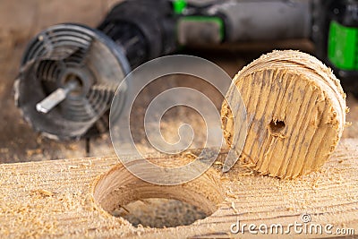 Wood hole saw and raw board. Making holes in raw wood Stock Photo