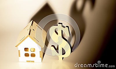 Wood house model and wooden dollar sign on white background, Home inspection concept Stock Photo