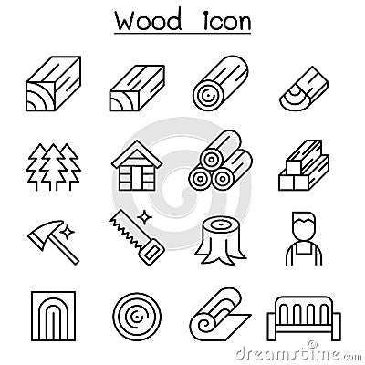 Wood icon set in thin line style Vector Illustration