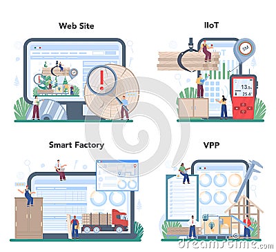 Wood industry online service or platform set. Checker inspector Vector Illustration