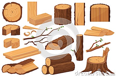 Wood industry raw materials. Realistic production samples collection. Tree trunk, logs, trunks, woodwork planks, stumps Vector Illustration