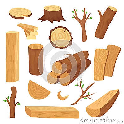 Wood log and trunk. Cartoon wooden lumber, plank. Forestry construction materials vector isolated set Vector Illustration