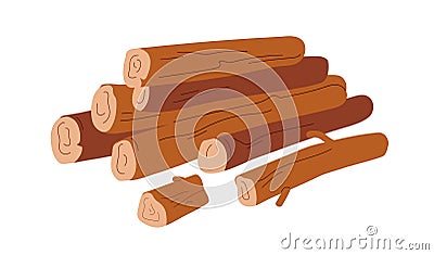 Wood logs pile. Heap of stacked forest lumber, cut timber. Sawn chopped tree trunks, beams lying. Hardwood pieces Vector Illustration