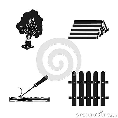 Wood, logs in a stack, chisel, fence. Lumber and timber set collection icons in black style vector symbol stock Vector Illustration