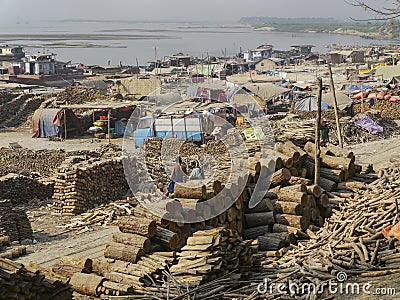 Wood market at the Irrawaddy river bank in Mandalay Editorial Stock Photo