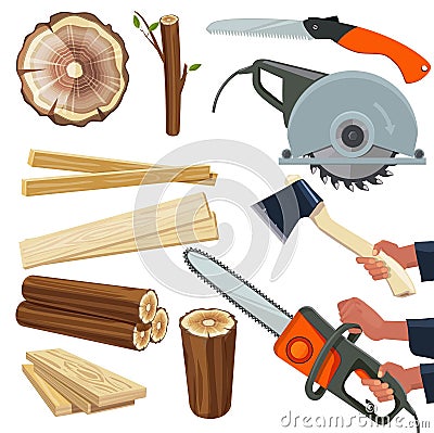 Wood materials. Wooden production and cut woodworking equipment cutting tools forestry pile vector isolated pictures Vector Illustration