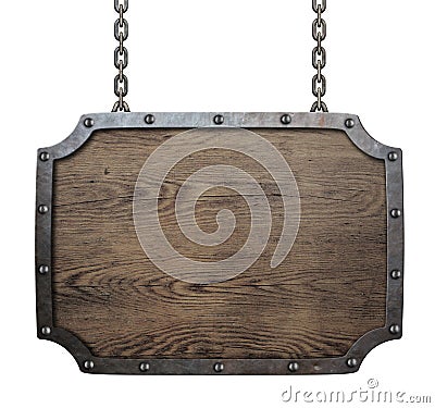 Wood medieval sign hanging on chains isolated Stock Photo