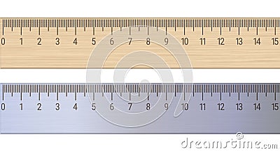 Wood and metal rulers. 3D realistic vector illustration isolated on white Vector Illustration