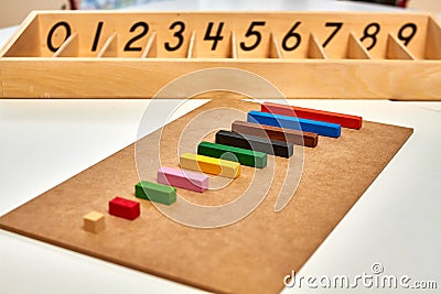 Wood Montessori material for math Cuisenaire rods Stock Photo