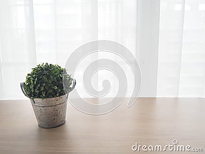 Wood office table with free copy space for text and small garde Stock Photo