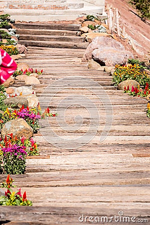 Wood pathway in the garden Stock Photo