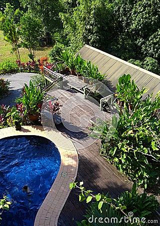 Wood patio & pool layout with landscaping Stock Photo