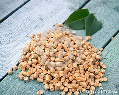 Wood pellets on a blue wooden background, two green leaf from a tree.Biofuels. Stock Photo