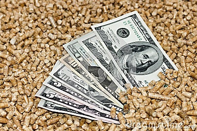 Wood pellets and money, dollars. The concept of savings when using Biofuels from wood chips .The cat litter Stock Photo