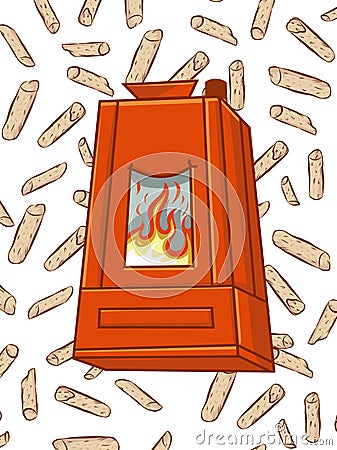 Wood pellett stove cartoon, on pellet elements background Vector Illustration