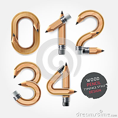 Wood pencil numbers alphabet style. Vector Illustration