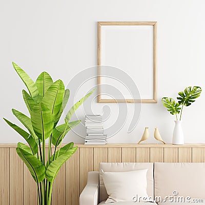 Wood picture frame mockup in white living room, 3D rendering Stock Photo