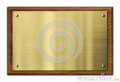 Wood plaque with brass or gold metal plate. Stock Photo