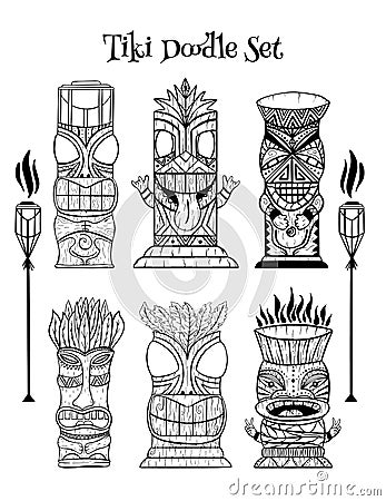 Wood Polynesian Tiki idols, gods statue carving, torch. Cartoon Illustration