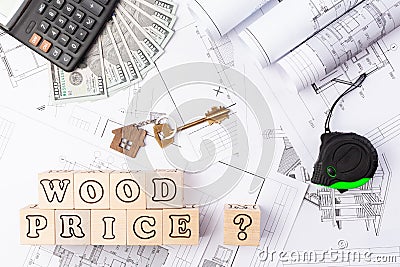 wood price, tree price increase, turnkey wood, drawings, calculator, roulette Stock Photo