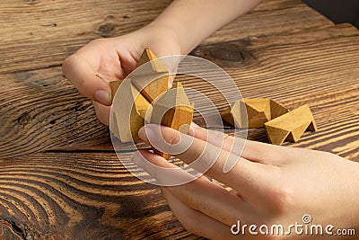 Wood Puzzle, Brain Teaser, Wooden Logic Game 3d Block Stock Photo