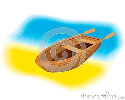 Wood rowboat with oars on the beach. Sailing boat with paddles standing on a sand shore of sea. Vector Illustration