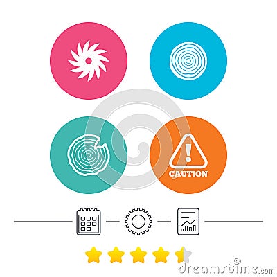 Wood and saw circular wheel icons. Attention. Vector Illustration