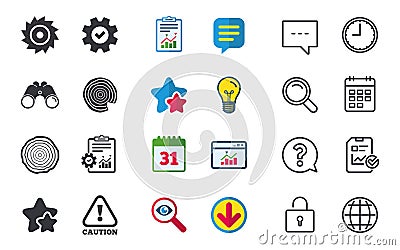 Wood and saw circular wheel icons. Attention. Vector Illustration