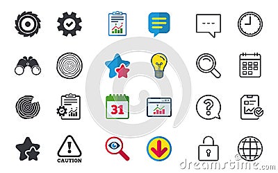 Wood and saw circular wheel icons. Attention. Vector Illustration