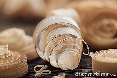 Wood shavings on the carpenter`s workbench Stock Photo