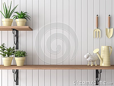 Garden equipment wood shelf 3d render Stock Photo