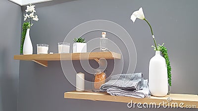 A wood shelve decor in bathroom or in spa center Stock Photo