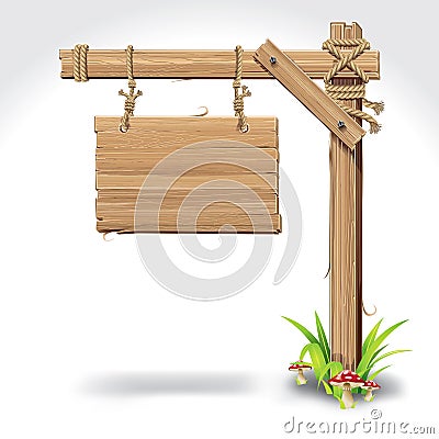 Wood Sign Board hanging with Rope on a grass. Vector Illustration