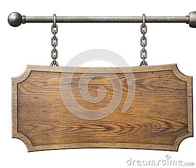 Wood sign hanging on chain isolated Stock Photo