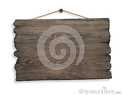 Wood sign hanging on rope and nail isolated Stock Photo