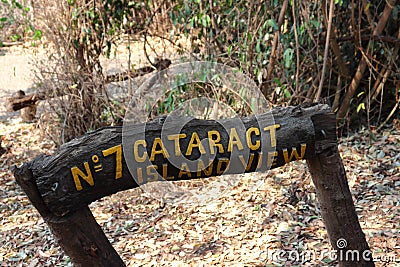Wood sign in park of the victoria falls in zambia. Editorial Stock Photo