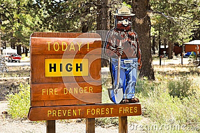 Wood sign showing fire risk level with a bear caricature wearing a hat in Mammoth Lakes Editorial Stock Photo