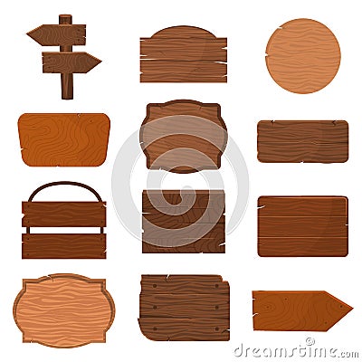 Wood signboard wooden panels vector illustration. Old wooden banner blank cartoon sign boards isolated on white vector. Cartoon Illustration