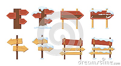 Wood signboards plank road empty summer and winter with snow Vector Illustration