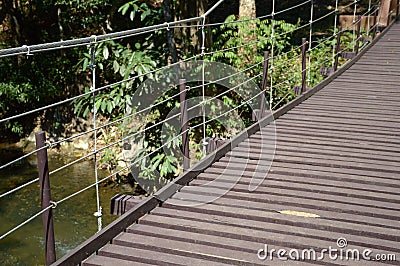 Wood sling bridge in forest Stock Photo